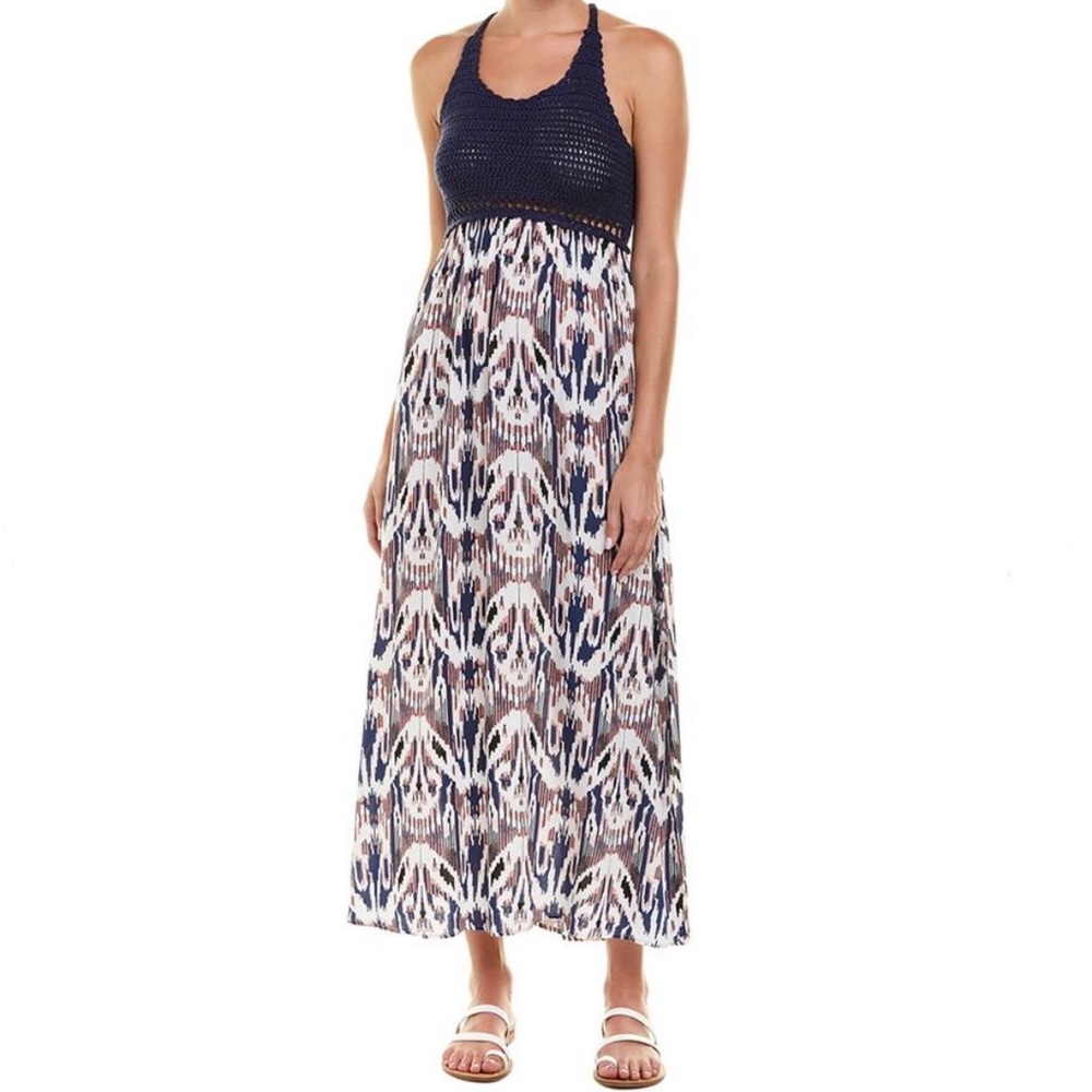 Ella Moss Navy Blue Crochet Colorful Watercolor Split Hem Sleeveless Maxi Dress - Picture 1 of 12